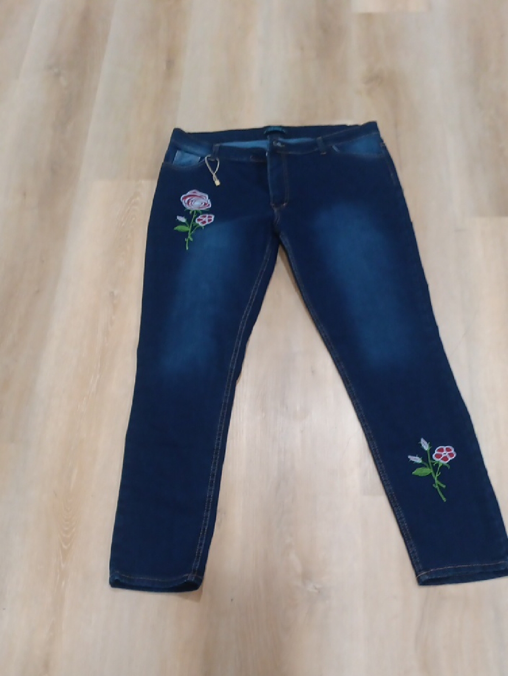 Dark Blue Skinny Jeans with Pink Rose Embroidery